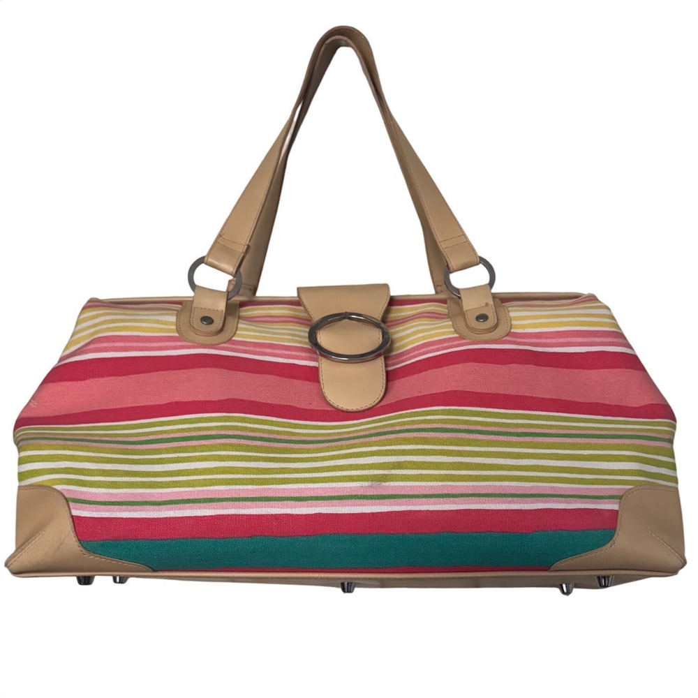 Vintage Y2K Bath And Body Works Faux Leather Trim Canvas Travel Bag  Stripes